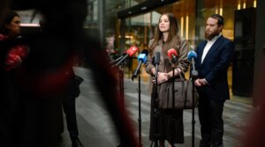 Sheina Gutnick, whose father was killed in a mass shooting at Bondi Beach, speaks to the media after the first hearing of the Royal Commission on Antisemitism and Social Cohesion in Sydney on May 4, 2026. (George Khan/AFP via Getty Images)