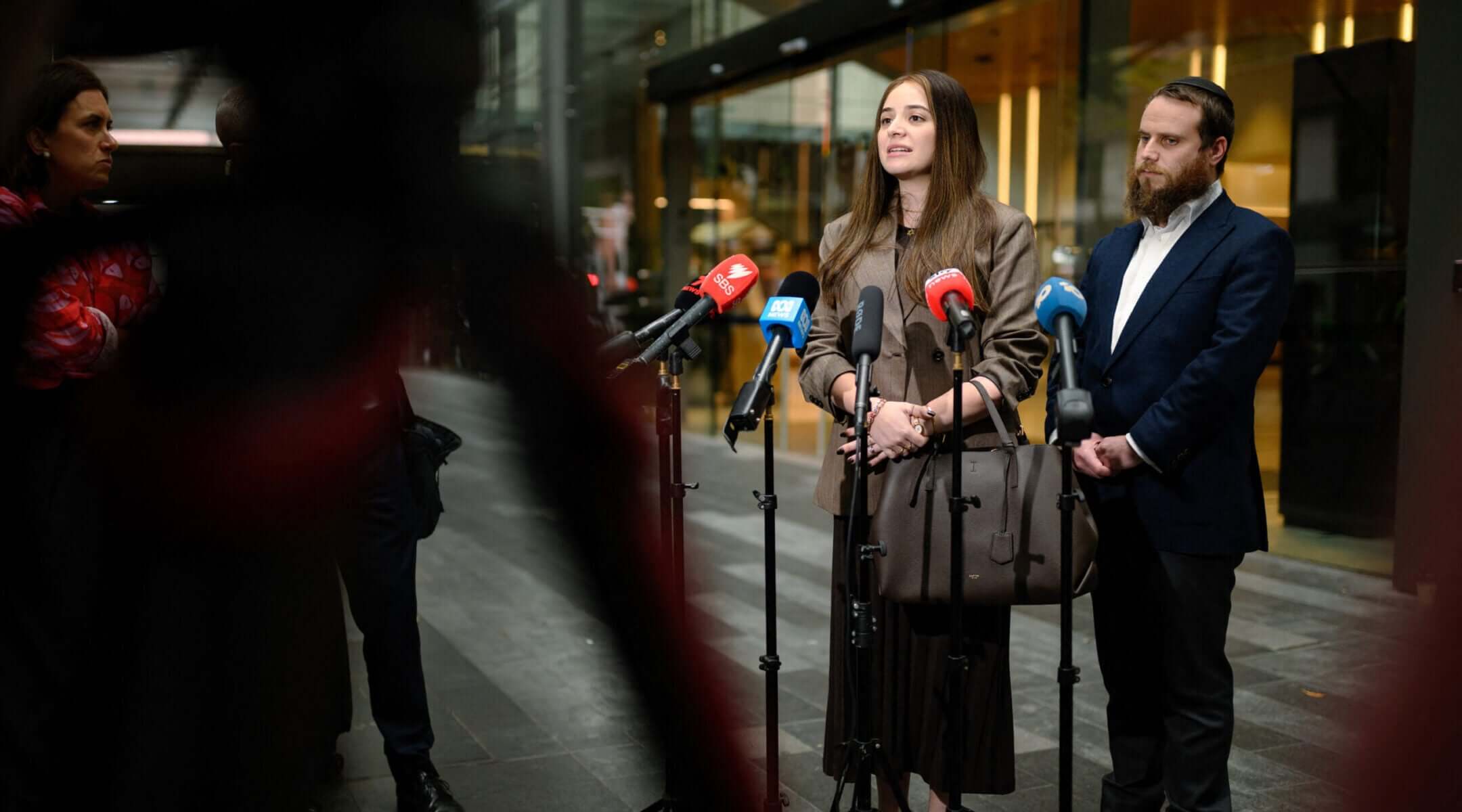 Sheina Gutnick, whose father was killed in a mass shooting at Bondi Beach, speaks to the media after the first hearing of the Royal Commission on Antisemitism and Social Cohesion in Sydney on May 4, 2026. (George Khan/AFP via Getty Images)