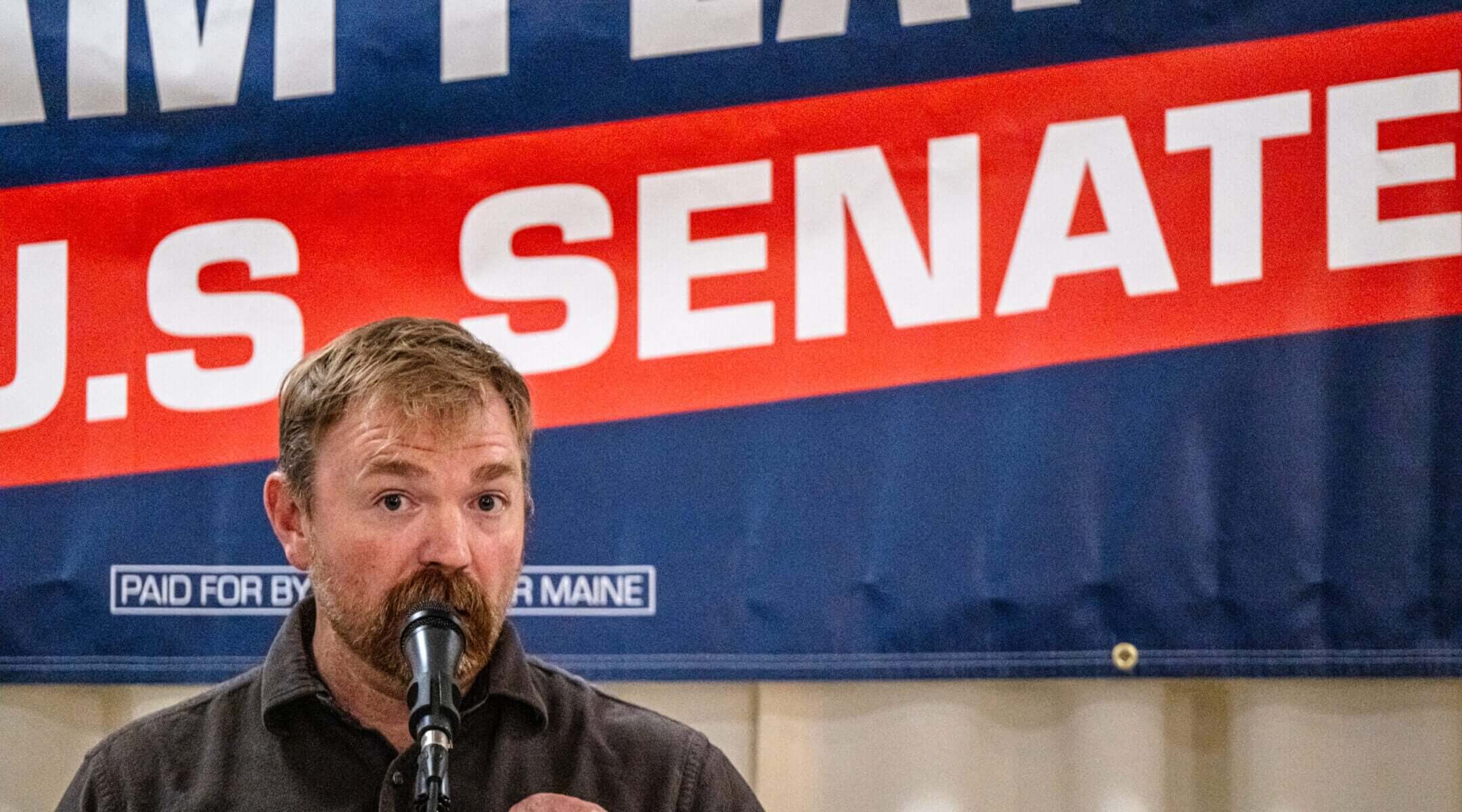 Graham Platner speaks to voters at a town hall at the Elks Lodge 188 on June 7, 2026, in Portland, Maine.