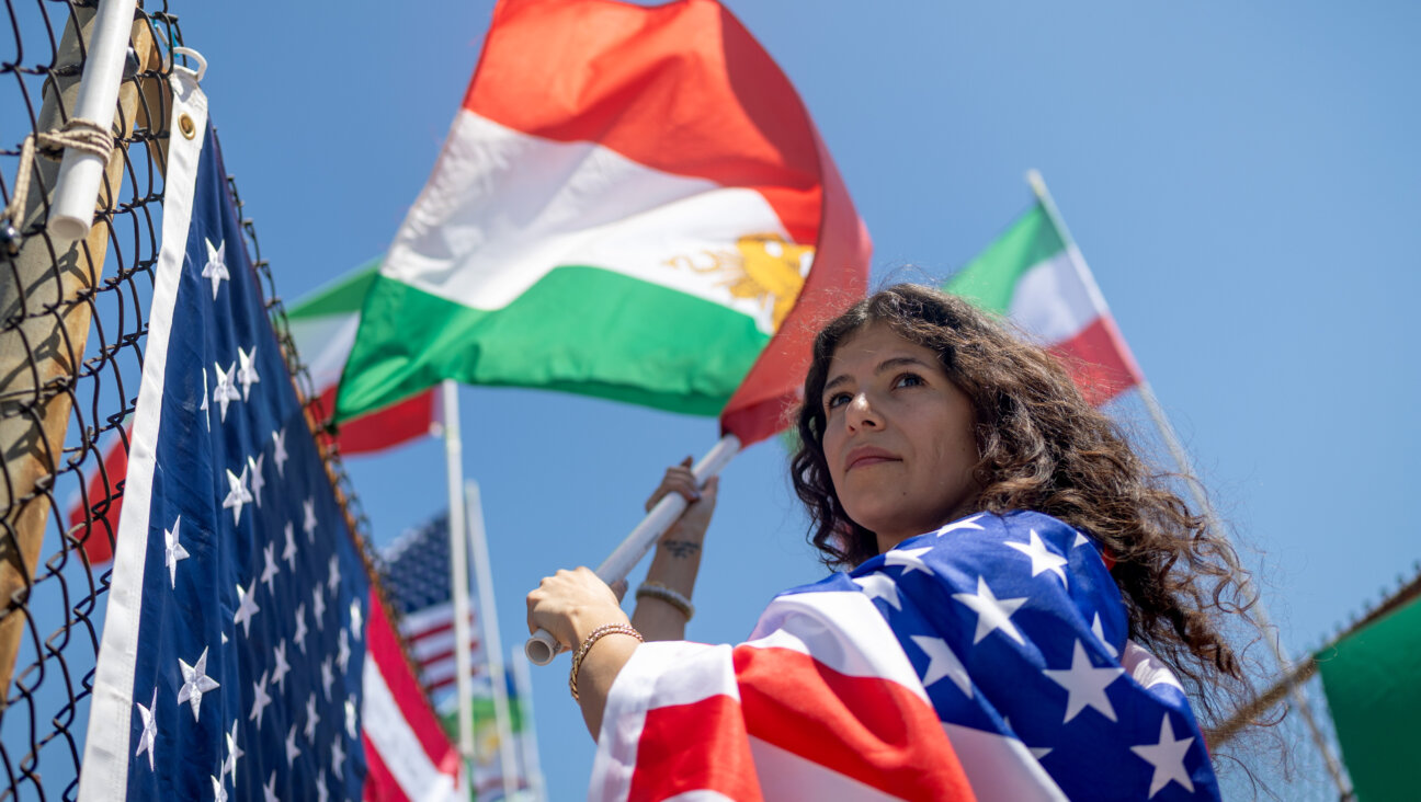 Mehrzad Mozhdekanloo protests FIFA restrictions while displaying the pre-1979 Iranian flag on Sunday, June 14, 2026 in Encino, CA.  