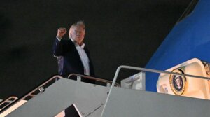 US President Donald Trump boards Air Force One on June 15, 2026, a day after announcing a deal to end the U.S.-Israel war on Iran. (Mandel Ngan / AFP via Getty Images)