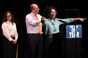 Darializa Avila Chevalier, right, joins Claire Valdez and Brad Lander at a campaign rally with Mayor Zohran Mamdani and Sen. Bernie Sanders on June 18.