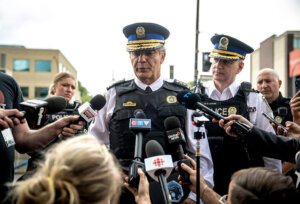 Police Chief Fady Dagher speaks to media during a press conference near the scene of an active shooter situation on June 22, 2026 in Montreal.