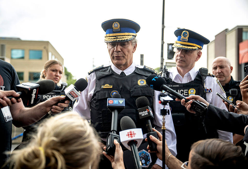 Police Chief Fady Dagher speaks to media during a press conference near the scene of an active shooter situation on June 22, 2026 in Montreal.
