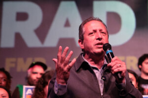 Democratic Congressional candidate Brad Lander takes the stage during an election eve rally, June 22, 2026.