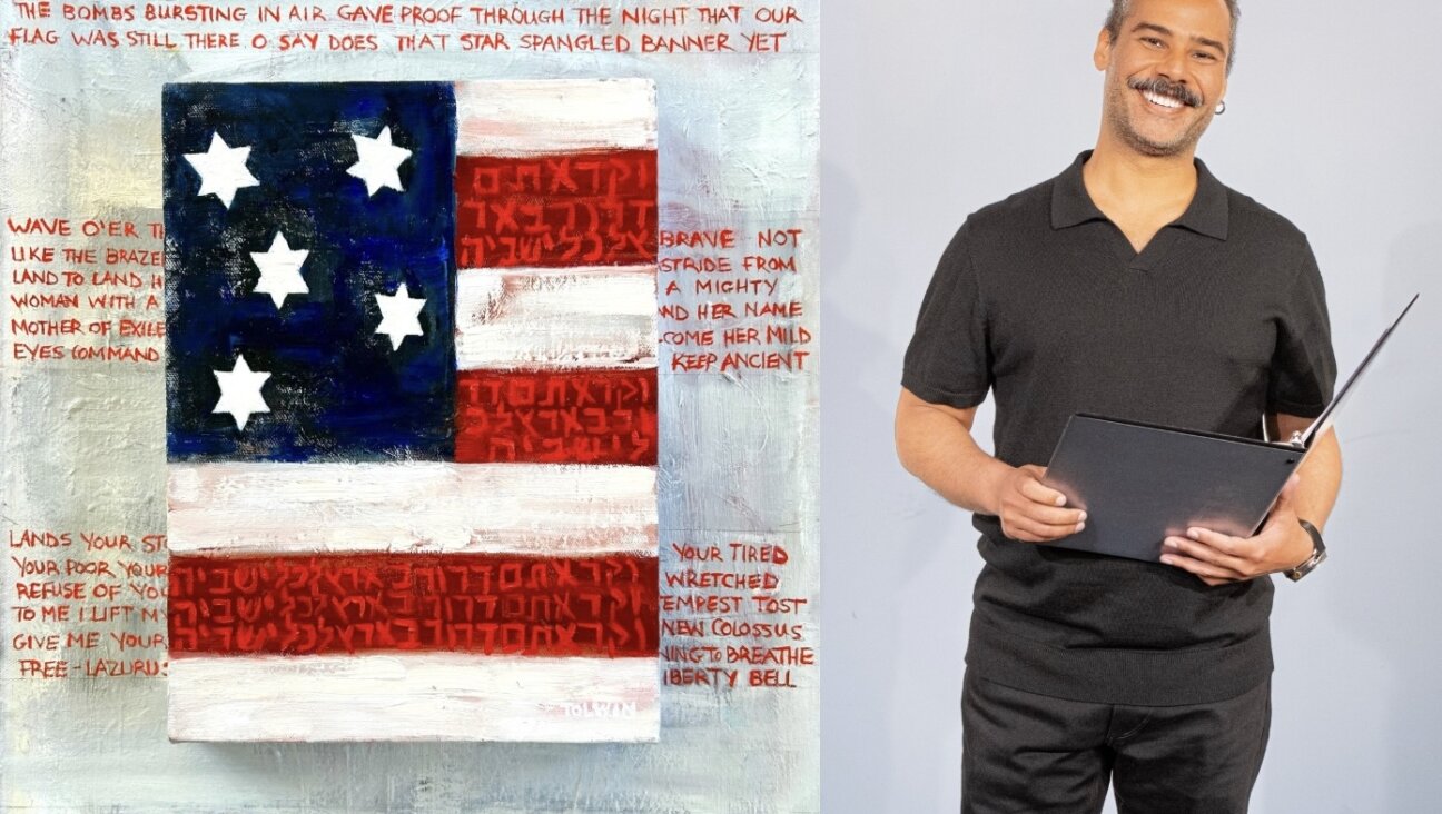 Collage photo of  Joshua Silverstein alongside the show art for "L'Chaim America"