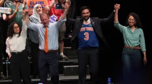 Candidate Claire Valdez, candidate Brad Lander, Mayor Zohran Mamdani and candidate Darializa Avila Chevalier raise their hands during a rally on June 18, 2026, in New York City.
