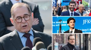 Collage photo of Rep. Jerry Nadler and the leading candidates to succeed him: Alex Bores, Jack Schlossberg and Micah Lasher
