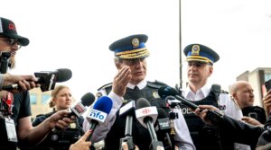 Police Chief Fady Dagher speaks to media during a press conference near the scene of an active shooter situation on June 22, 2026 in Montreal.