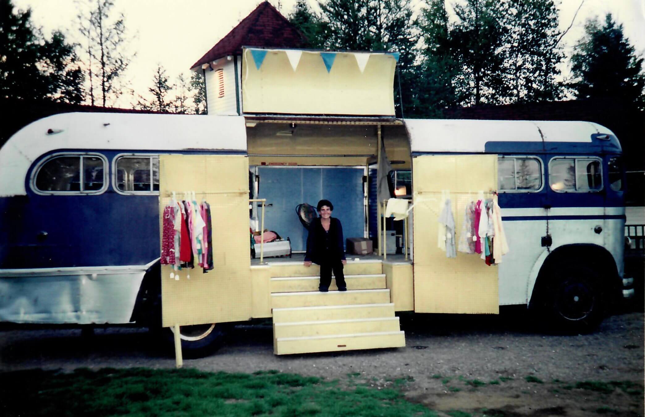 Pamela Gray in the Blouse Man's van on the set of <i>A Walk on the Moon</i> in 1997.
