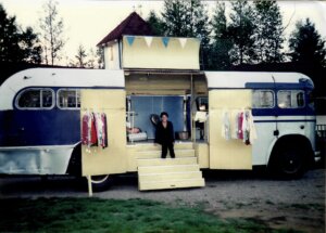 Pamela Gray in the Blouse Man's van on the set of <i>A Walk on the Moon</i> in 1997.
