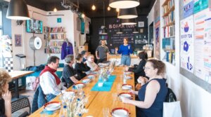 Participants in the Miszpucha Foundation trip for Polish Jewish emigrants and their descendants have lunch at the Jewish Community Center in Warsaw, Poland.