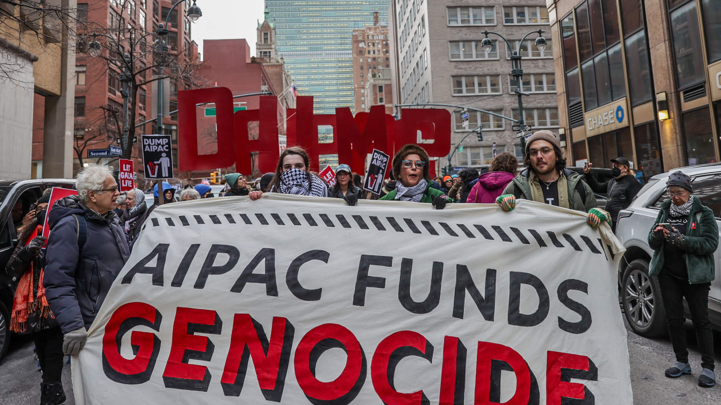 Pro-Palestinian demonstrators rally outside the Manhattan headquarters of Pro-Israel lobbying group American Israel Public Affairs Committee on Feb. 22, 2024.