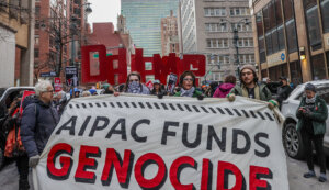 Pro-Palestinian demonstrators rally outside the Manhattan headquarters of Pro-Israel lobbying group American Israel Public Affairs Committee on Feb. 22, 2024.