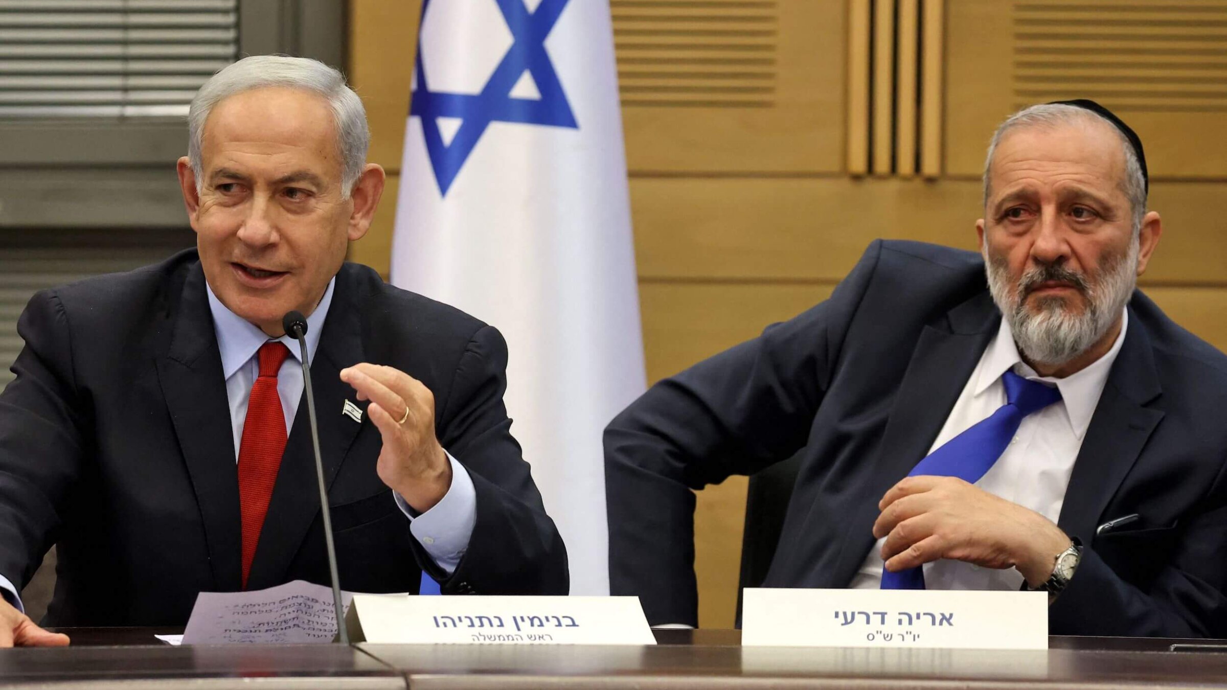 Israeli Prime Minister Benjamin Netanyahu and Aryeh Deri, chairman of the Shas party, on May 23, 2023.