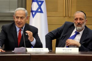 Israeli Prime Minister Benjamin Netanyahu and Aryeh Deri, chairman of the Shas party, on May 23, 2023.