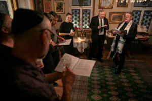 Jewish Cultural Center Ljubljana director Robert Waltl, right, at the opening 
of an exhibition on the Holocaust.