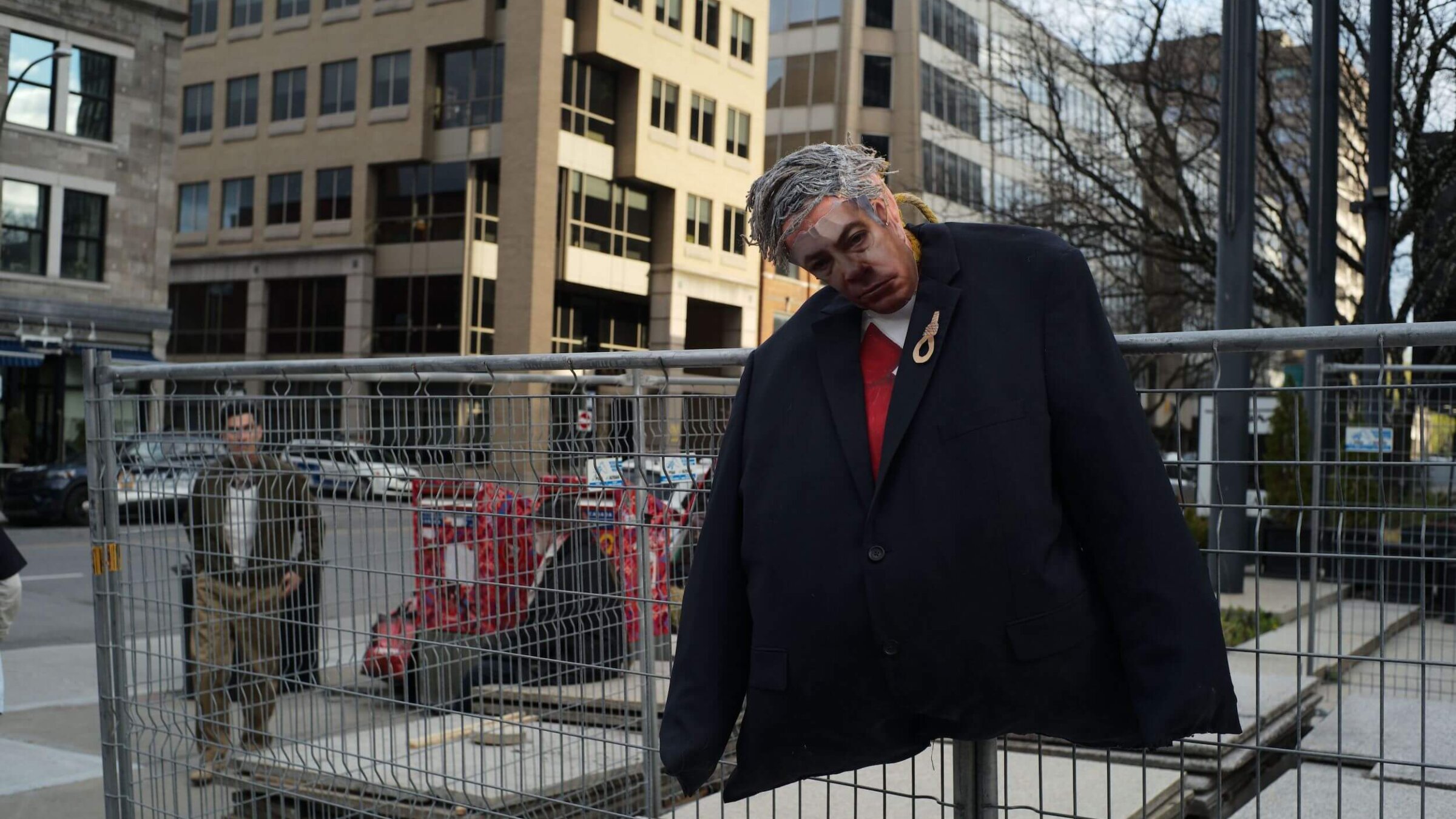 An effigy of Israel's Prime Minister Benjamin Netanyahu was hung on a fence in front of Israel's general consulate building in Montreal, Canada, on May 16.