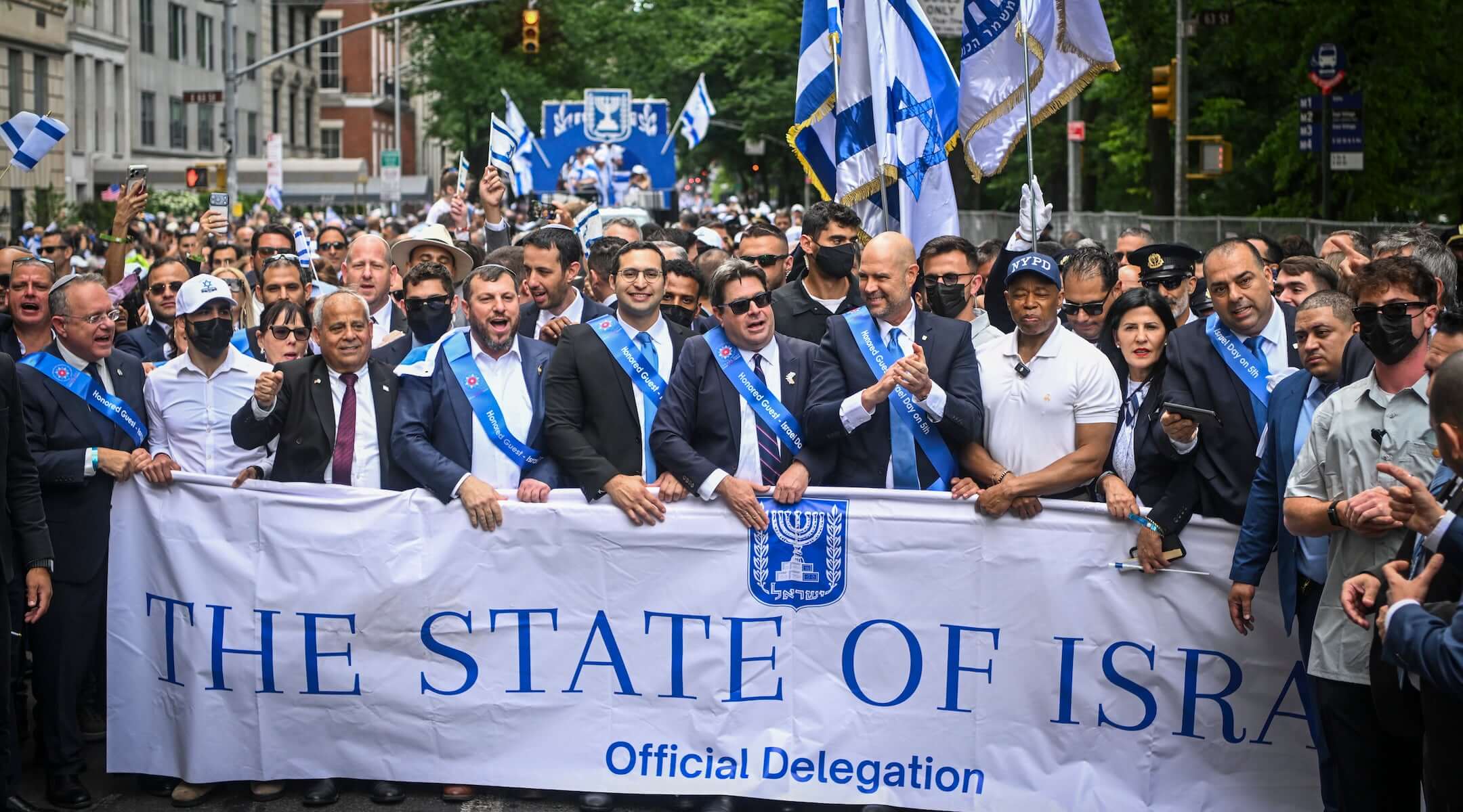 Israeli politicians, government ministers, public officials and supporters take part in the Israel Day Parade in New York City, May 31, 2026. (Arie Leib Abrams/Flash90)
