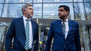 Reps. Thomas Massie and Ro Khanna conduct a news conference after reviewing unredacted portions of the Jeffrey Epstein files, outside a Department of Justice office in NoMa on Feb. 9, 2026. (Tom Williams/CQ Roll Call)