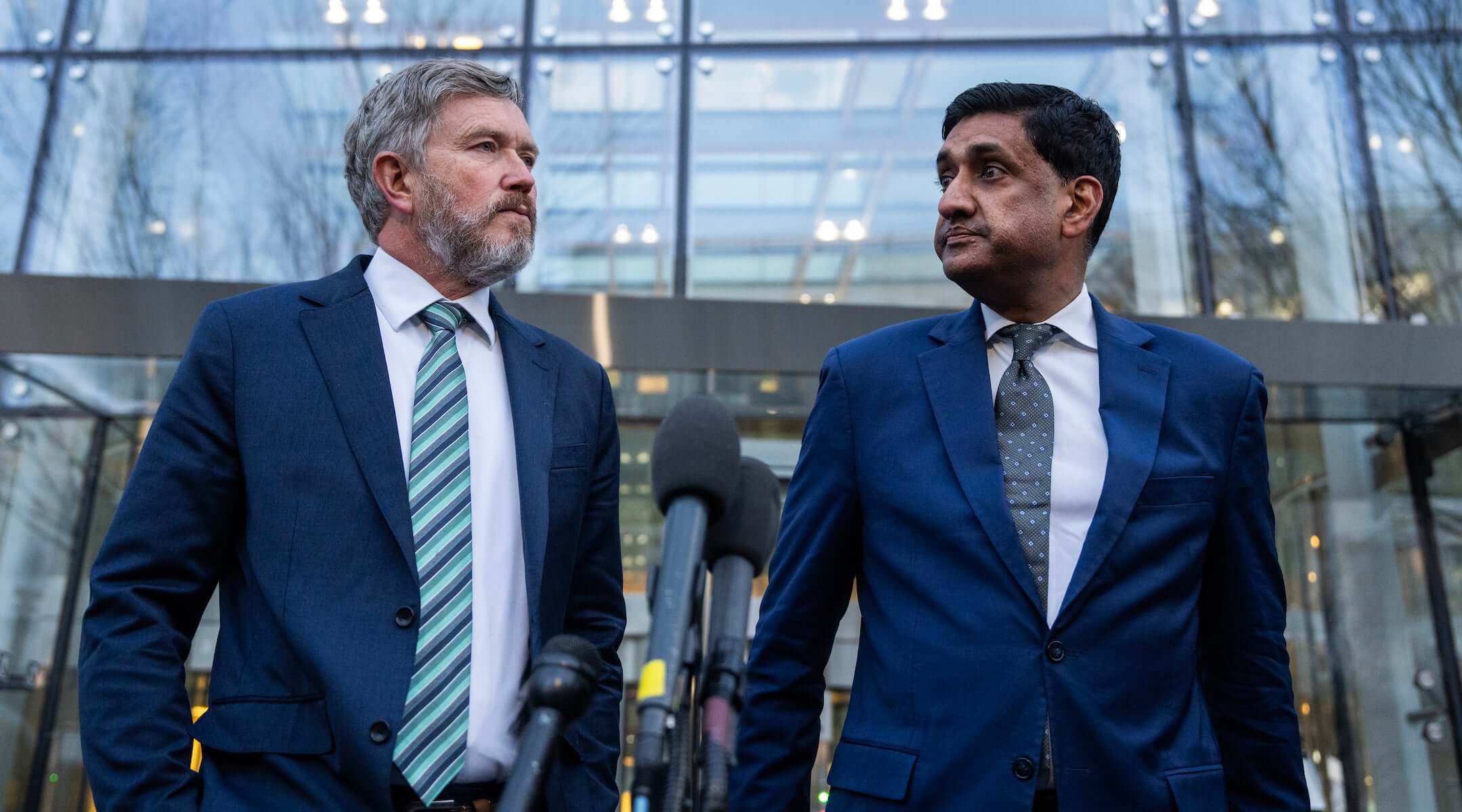Reps. Thomas Massie and Ro Khanna conduct a news conference after reviewing unredacted portions of the Jeffrey Epstein files, outside a Department of Justice office in NoMa on Feb. 9, 2026. (Tom Williams/CQ Roll Call)