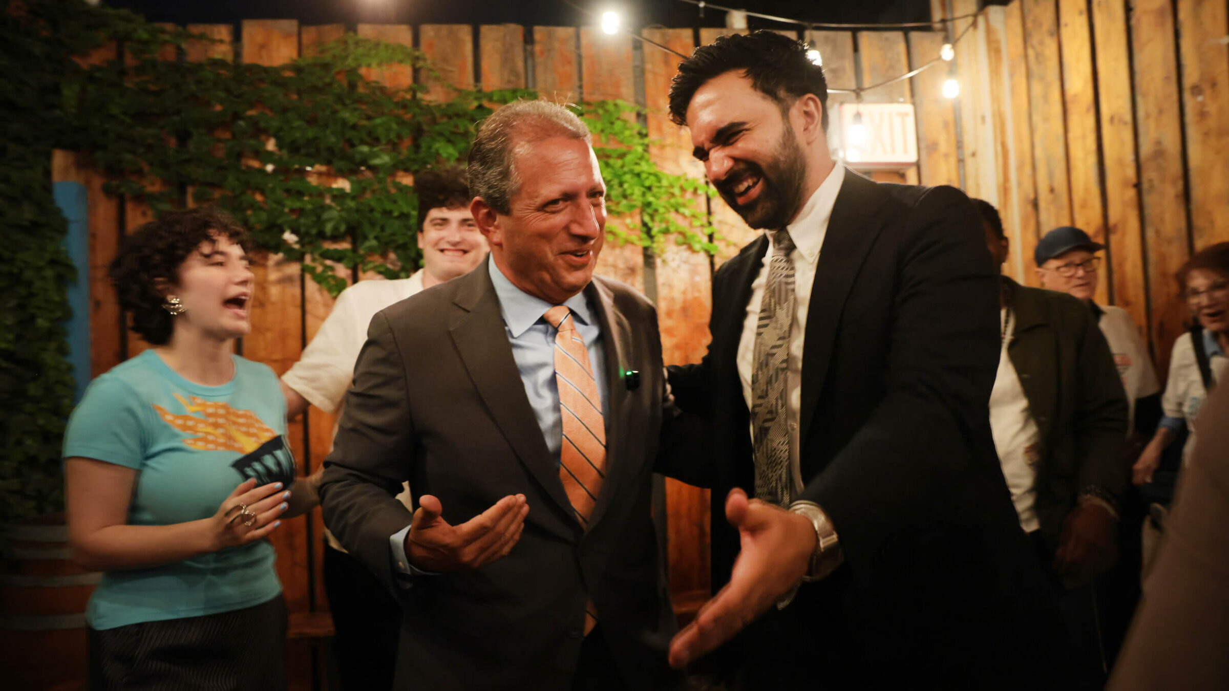 Congressional candidate Brad Lander stands with New York City Mayor Zohran Mamdani after declaring victory over his opponent, Rep. Dan Goldman (D-NY), in Brooklyn on June 23.