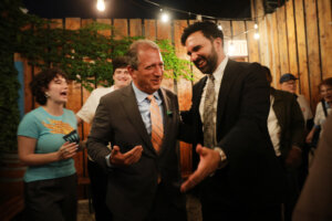 Congressional candidate Brad Lander stands with New York City Mayor Zohran Mamdani after declaring victory over his opponent, Rep. Dan Goldman (D-NY), in Brooklyn on June 23.