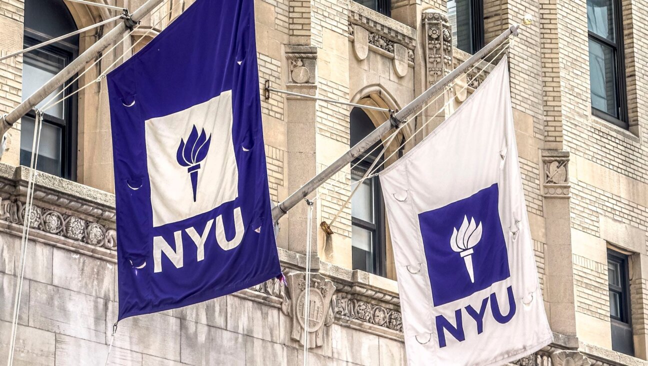 Two NYU flags flying above entrance to Frederick Loewe Theatre on New York University campus. (Plexi Images/GHI/UCG/Universal Images Group via Getty Images)