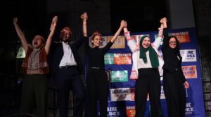 David Orkin (second from left) celebrates at a primary-night watch party at 99 Scott Studio on June 23, 2026 in the East Williamsburg neighborhood of the Brooklyn borough in New York City. (Michael M. Santiago/Getty Images)