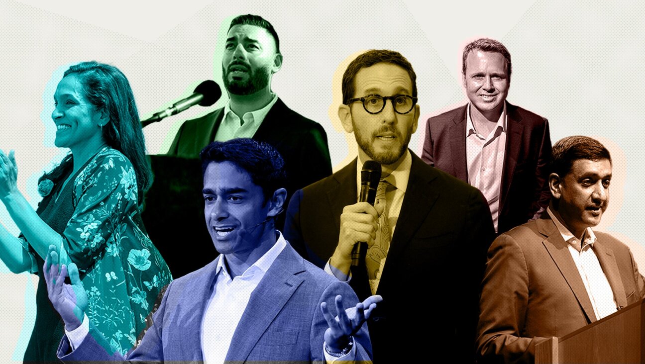 Clockwise from left: Los Angeles mayoral candidate Nithya Raman, congressional candidate Ammar Campa-Najjar, congressional candidate Scott Wiener, L.A. mayoral candidate Spencer Pratt, U.S. Rep. Ro Khanna, and congressional candidate Saikat Chakrabarti are among the California primary contenders of interest to the Jewish community. (Photo illustration by Grace Yagel/70 Faces Media)
