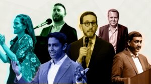 Clockwise from left: Los Angeles mayoral candidate Nithya Raman, congressional candidate Ammar Campa-Najjar, congressional candidate Scott Wiener, L.A. mayoral candidate Spencer Pratt, U.S. Rep. Ro Khanna, and congressional candidate Saikat Chakrabarti are among the California primary contenders of interest to the Jewish community. (Photo illustration by Grace Yagel/70 Faces Media)