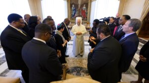 A delegation of Chicago faith leaders meet with Pope Leo XIV on May 28, 2026. (Courtesy of Simone Risoluti/Vatican Media)