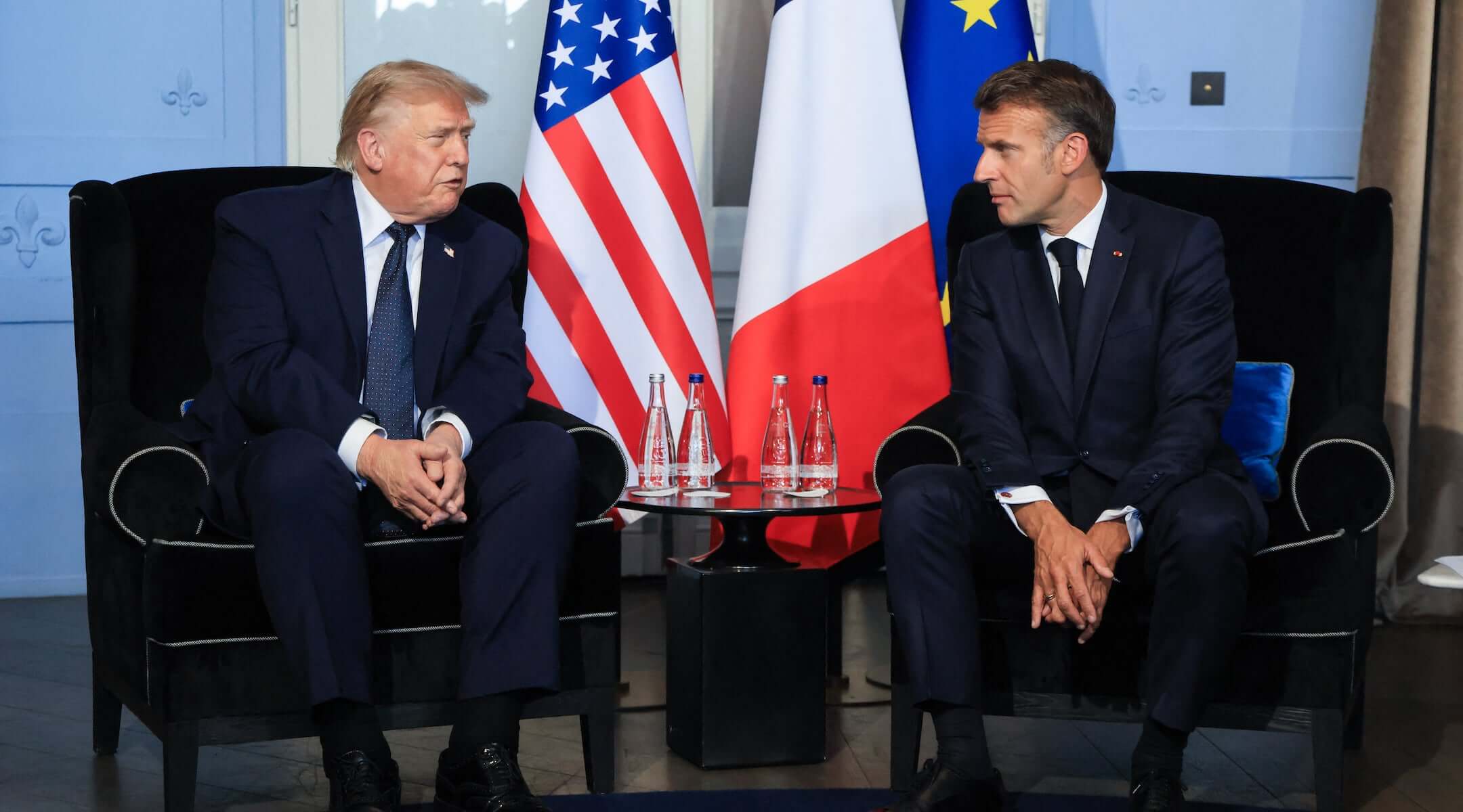 President Donald Trump meets with France’s President Emmanuel Macron in Evian, France, on June 15, 2026. (Ludovic MARIN / POOL / AFP)