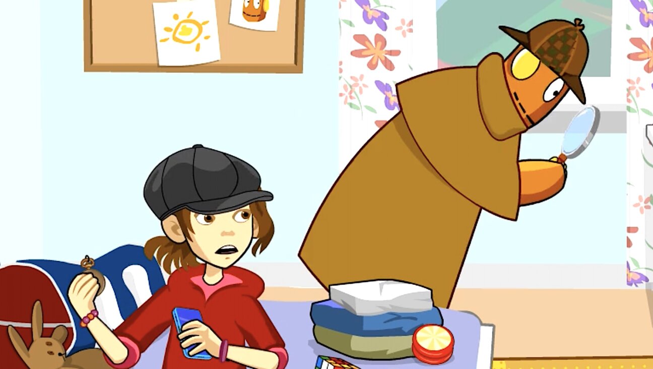 In one episode of YiddishPOP, the main characters Nomi (left) and her robot friend, Moby, try to solve a mystery about a surprise gift.