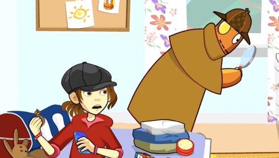 In one episode of YiddishPOP, the main characters Nomi (left) and her robot friend, Moby, try to solve a mystery about a surprise gift.
